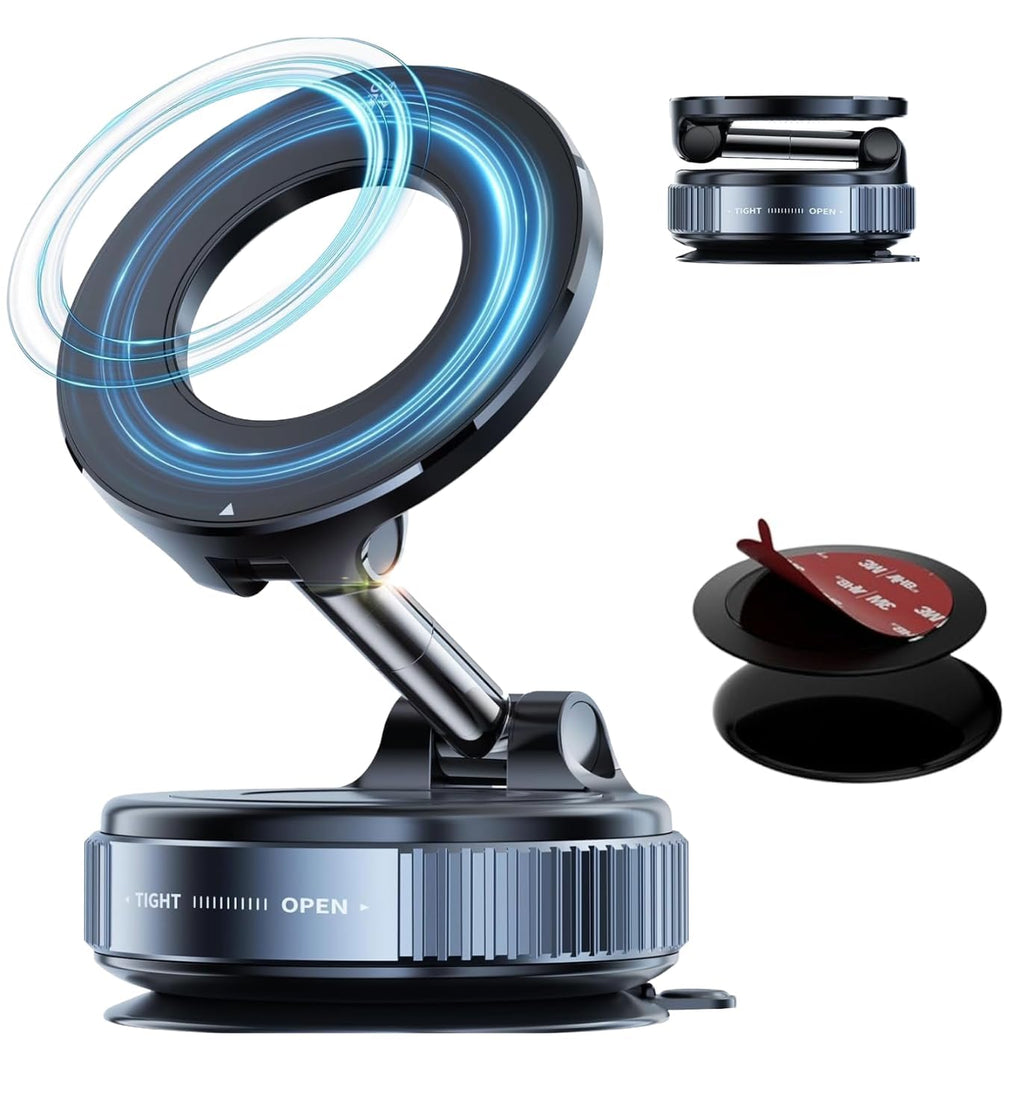 Upgraded 360° Vacuum Magnetic Car Phone Mount, Strong Suction Cup Phone Holder, Hands-Free Mobile Stand for Car Dashboard, Windshield, Gym, Mirror & Shower, Universal Compatible (Pro Black)