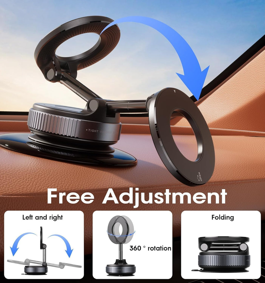 Upgraded 360° Vacuum Magnetic Car Phone Mount, Strong Suction Cup Phone Holder, Hands-Free Mobile Stand for Car Dashboard, Windshield, Gym, Mirror & Shower, Universal Compatible (Pro Black)
