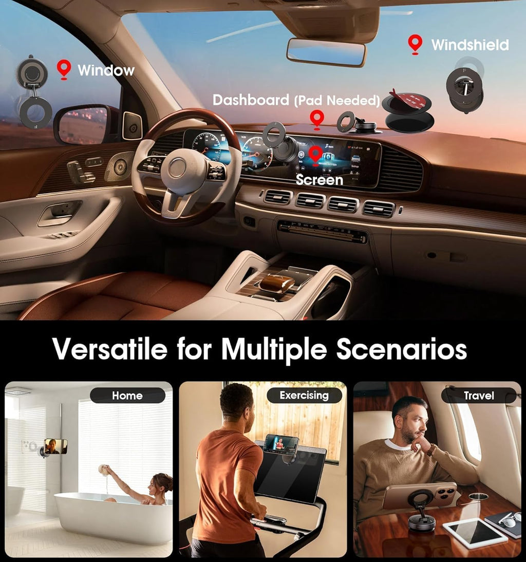 Upgraded 360° Vacuum Magnetic Car Phone Mount, Strong Suction Cup Phone Holder, Hands-Free Mobile Stand for Car Dashboard, Windshield, Gym, Mirror & Shower, Universal Compatible (Pro Black)
