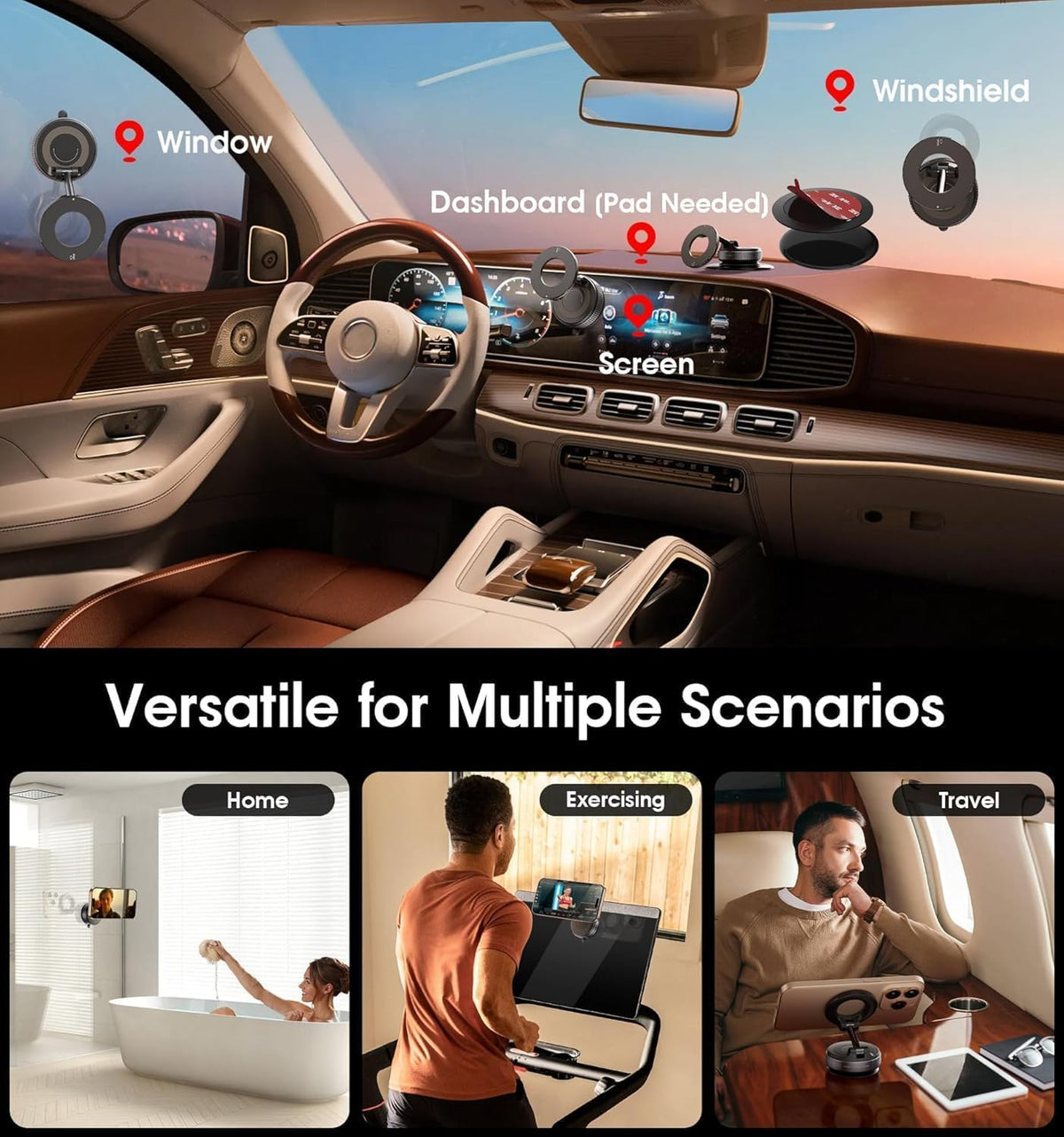 Upgraded 360° Vacuum Magnetic Car Phone Mount, Strong Suction Cup Phone Holder, Hands-Free Mobile Stand for Car Dashboard, Windshield, Gym, Mirror & Shower, Universal Compatible (Pro Black)
