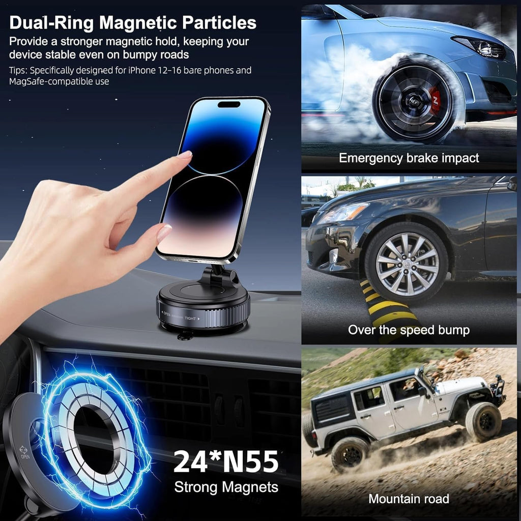 Upgraded 360° Vacuum Magnetic Car Phone Mount, Strong Suction Cup Phone Holder, Hands-Free Mobile Stand for Car Dashboard, Windshield, Gym, Mirror & Shower, Universal Compatible (Pro Black)