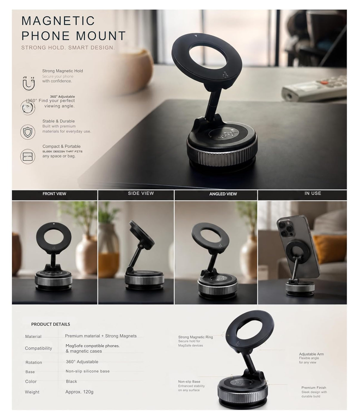 2026 Car Phone Holder | Stronger Suction & Strongest Magnet | 360° Adjustable Car Phone Mount | Universal Smartphone Holder for All iPhone & Android Devices