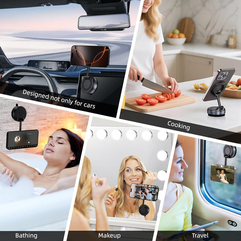 Upgraded 360° Vacuum Magnetic Car Phone Mount, Strong Suction Cup Phone Holder, Hands-Free Mobile Stand for Car Dashboard, Windshield, Gym, Mirror & Shower, Universal Compatible (Pro Black)