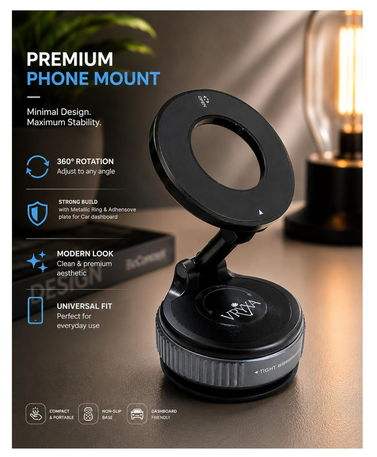 2026 Car Phone Holder | Stronger Suction & Strongest Magnet | 360° Adjustable Car Phone Mount | Universal Smartphone Holder for All iPhone & Android Devices