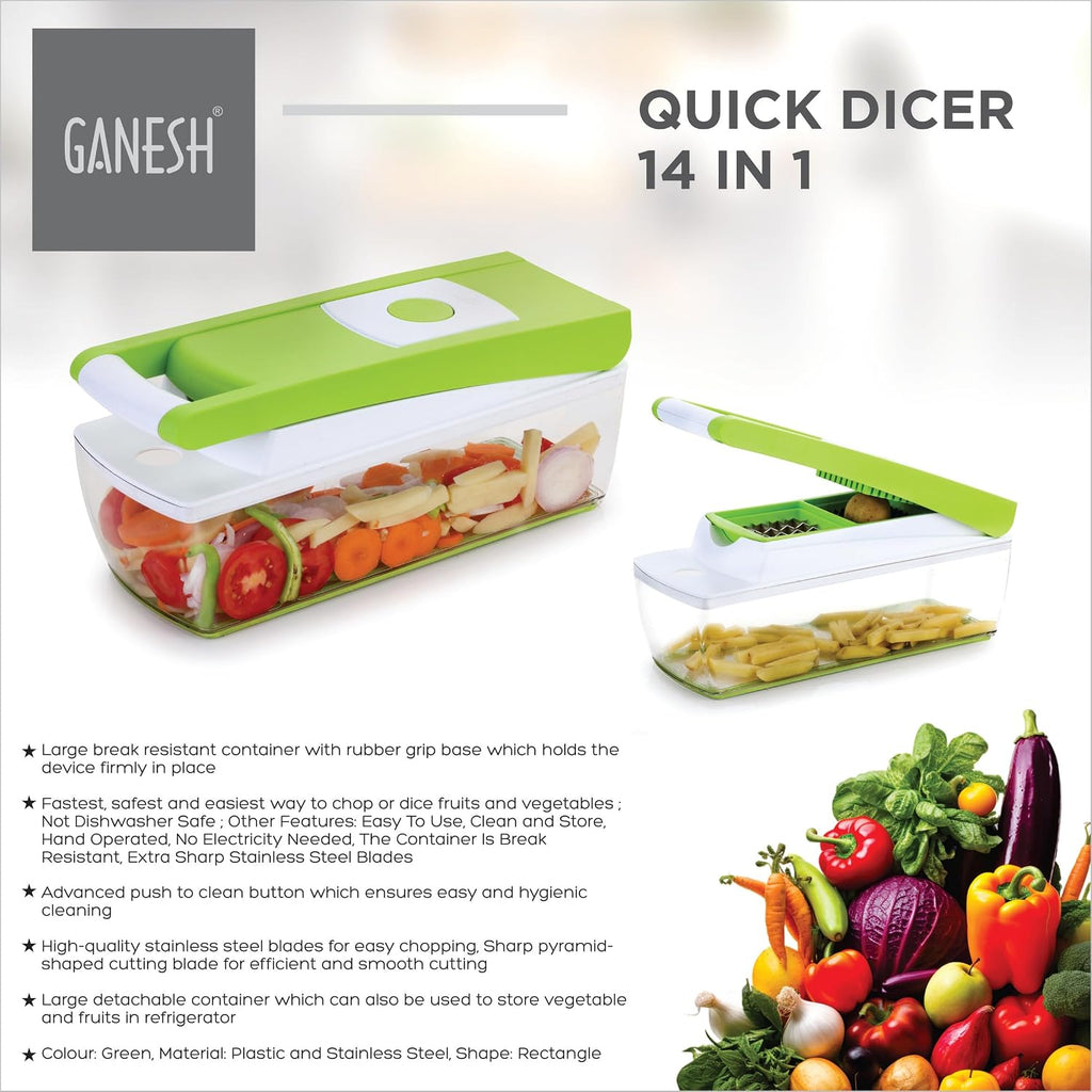 Ganesh 14 in 1 Multipurpose Chopper, Fruits & Vegetable Cutters, Grater Peeler Chipser, Unbreakable Food Grade Body, Easy Push to Clean Button Slicer Dicer, Chopper for Kitchen (Green, Plastic)