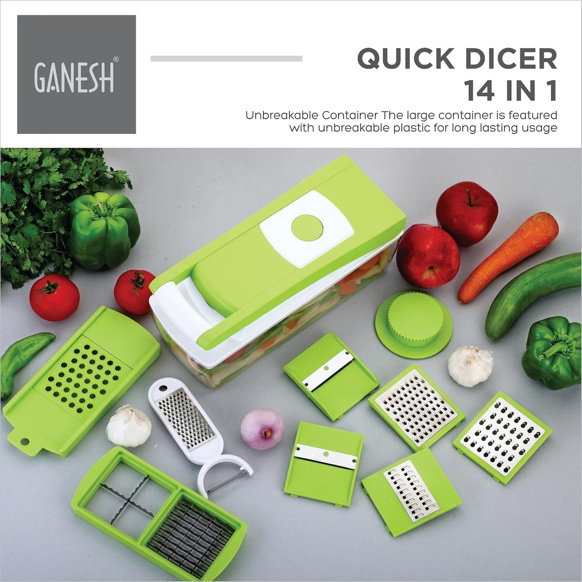 Ganesh 14 in 1 Multipurpose Chopper, Fruits & Vegetable Cutters, Grater Peeler Chipser, Unbreakable Food Grade Body, Easy Push to Clean Button Slicer Dicer, Chopper for Kitchen (Green, Plastic)